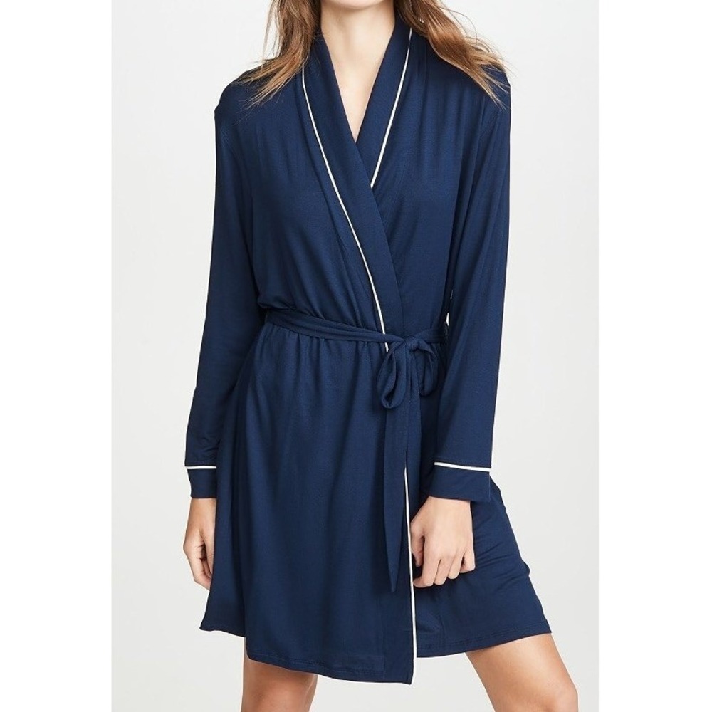 Eberjey Gisele Tuxedo Robe Womens L Navy Blue Piped Waist Tie Lounge Comfort